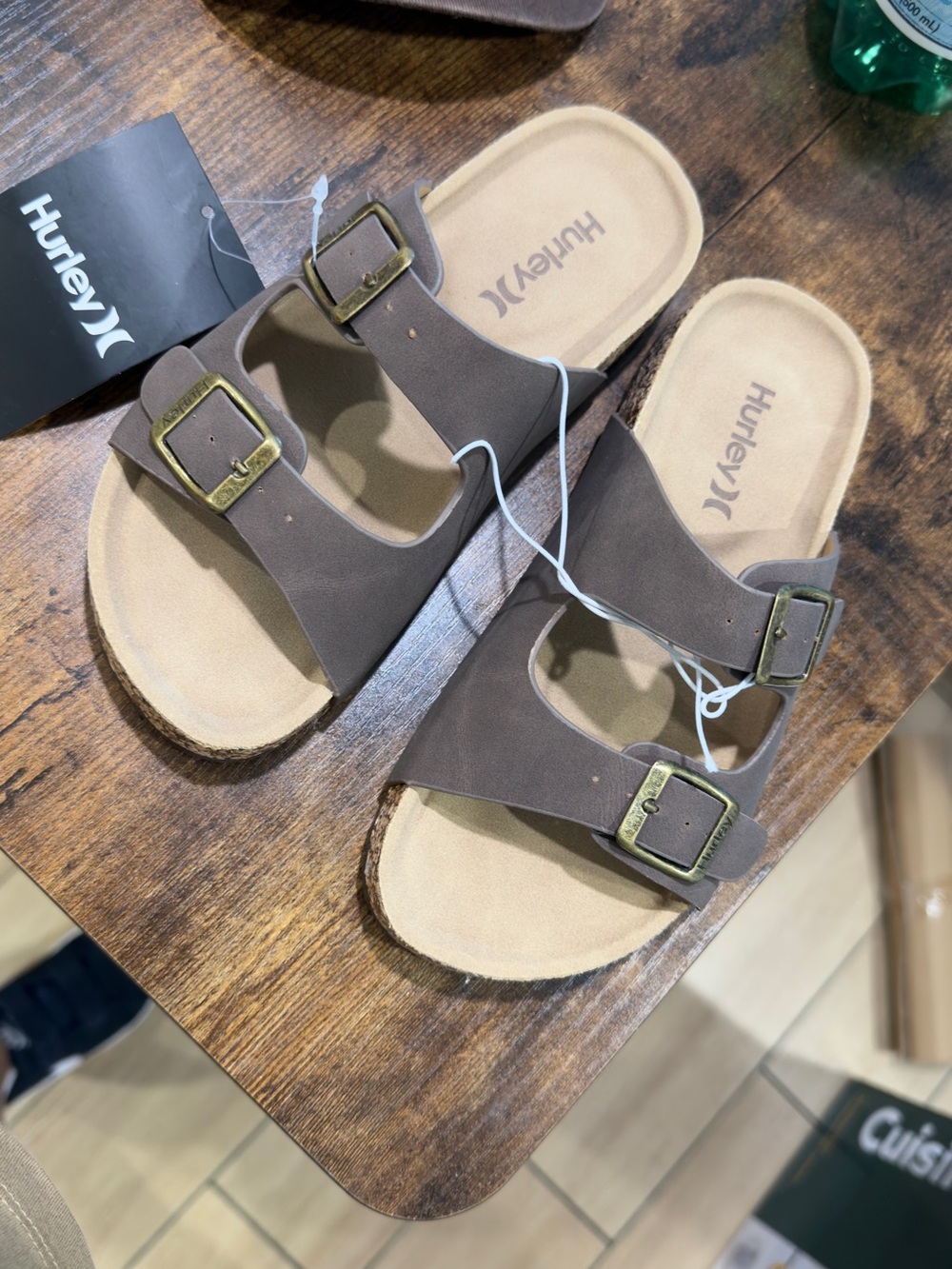 Hurley Women's Brown Double-Buckle Slide Sandals with Brass Buckles